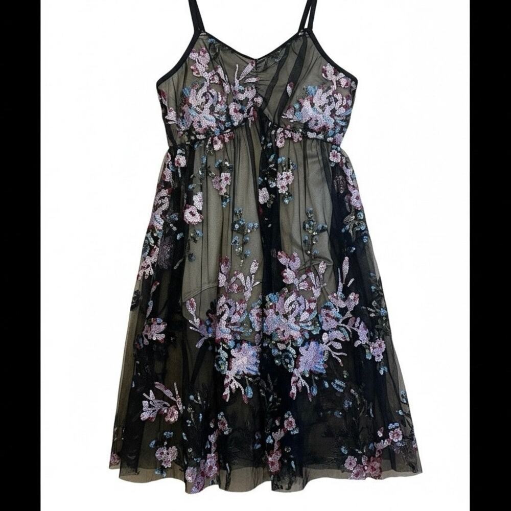 Sequin Shimmer Shear Whimsigoth Fairy Black Mesh Babydoll Bodysuit Dress Dance S
